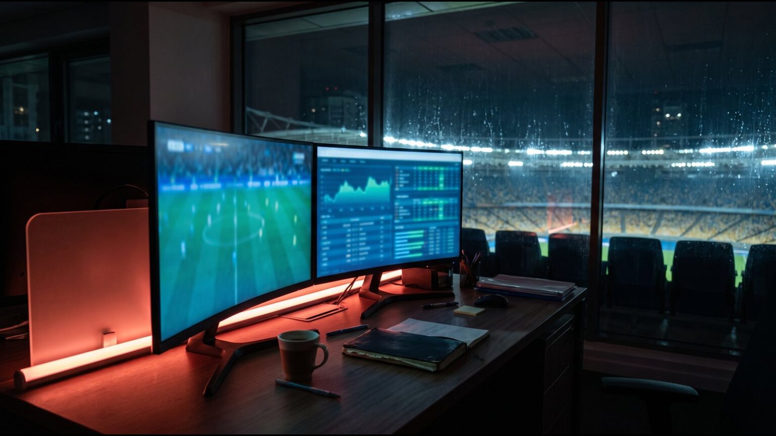 Redaktionsarbeitsplatz mit Monitoren und Blick ins Stadion