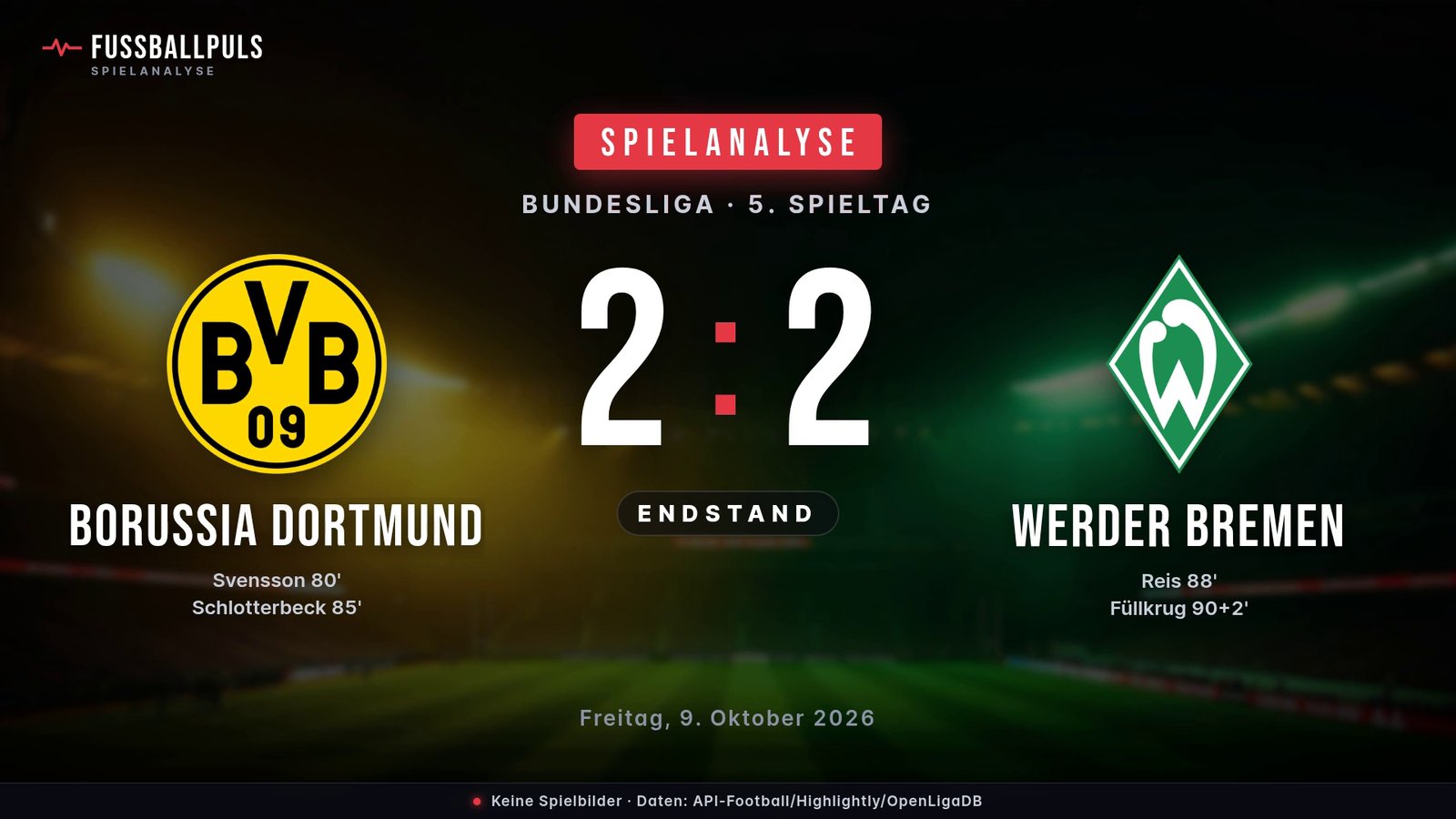 Endstand Borussia Dortmund 2:2 Werder Bremen – Ergebnisgrafik