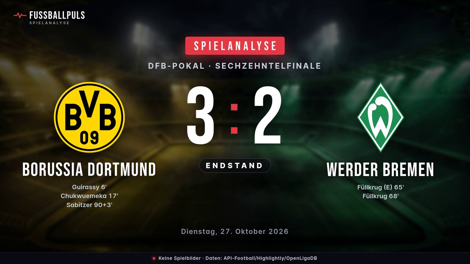 Endstand Borussia Dortmund 3:2 Werder Bremen – Ergebnisgrafik