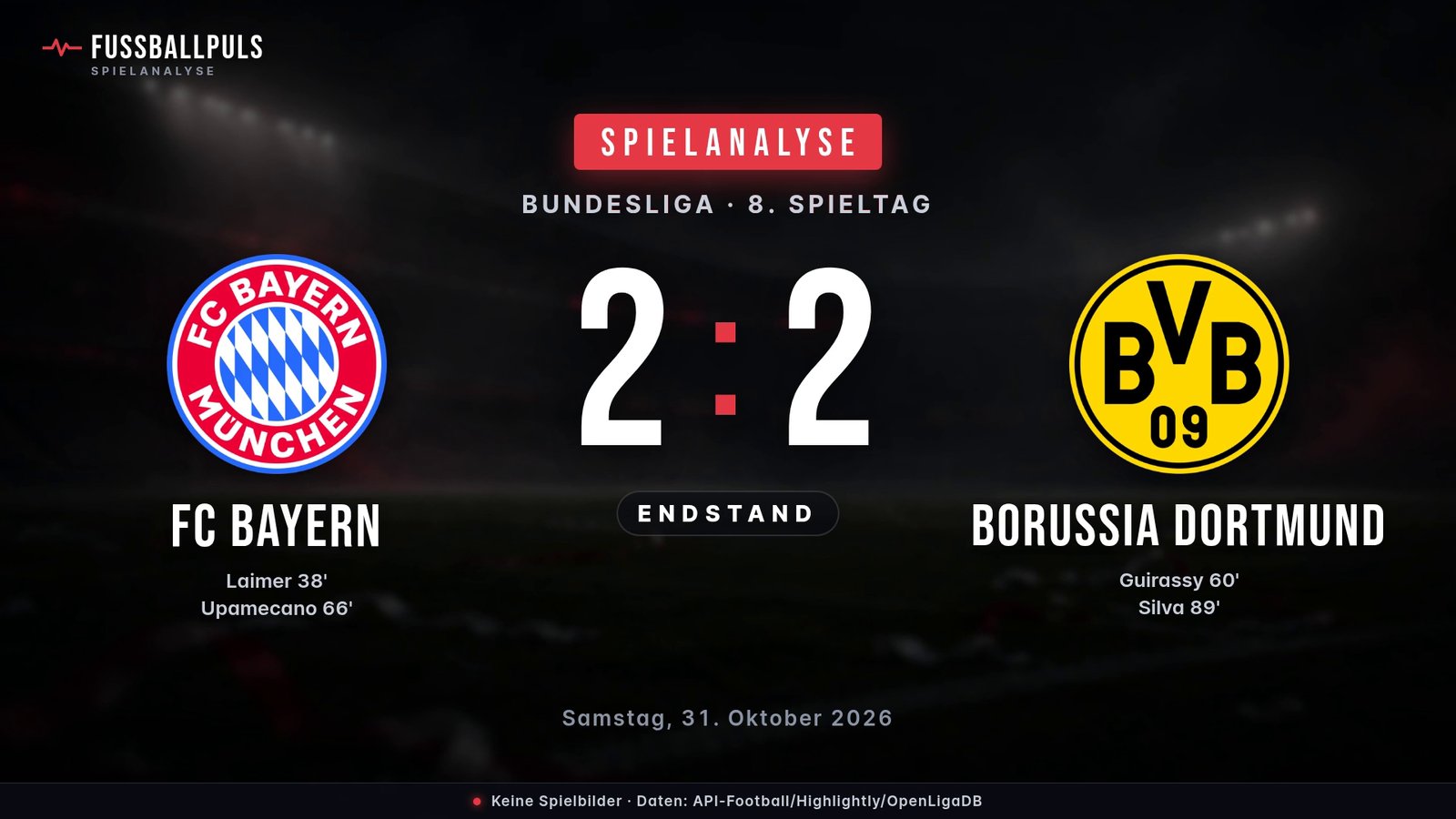 Endstand FC Bayern 2:2 Borussia Dortmund – Ergebnisgrafik