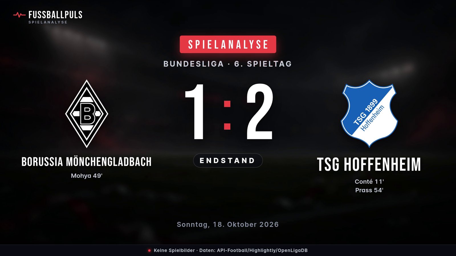 Endstand Borussia Mönchengladbach 1:2 TSG Hoffenheim – Ergebnisgrafik