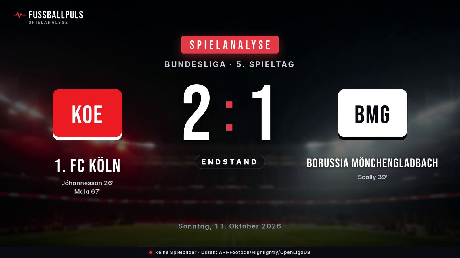 Endstand 1. FC Köln 2:1 Borussia Mönchengladbach – Ergebnisgrafik