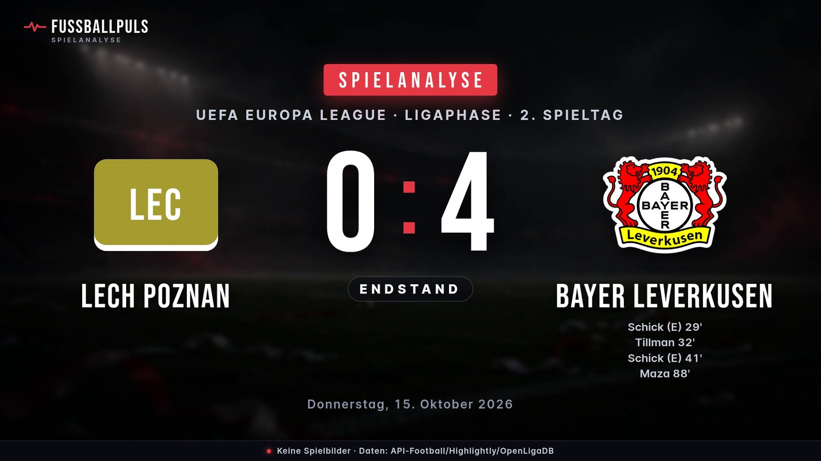 Endstand Lech Poznan 0:4 Bayer Leverkusen – Ergebnisgrafik