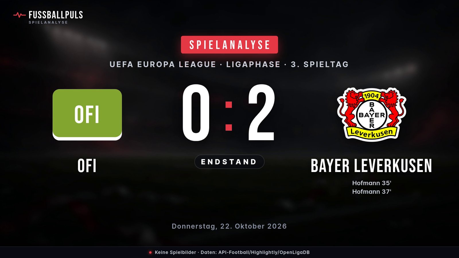Endstand OFI 0:2 Bayer Leverkusen – Ergebnisgrafik