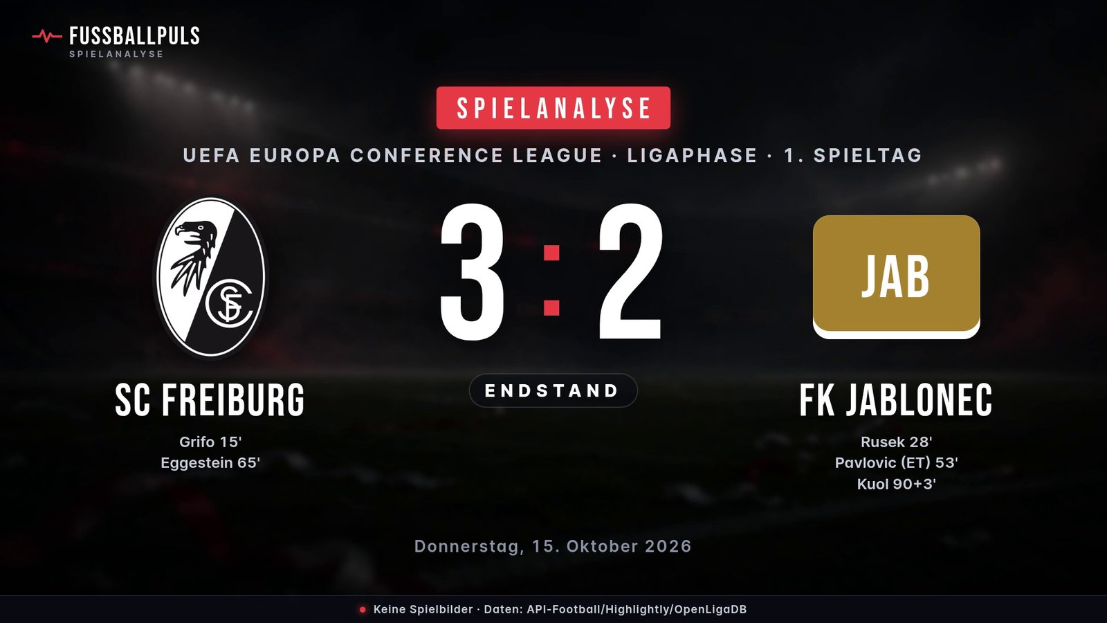 Endstand SC Freiburg 3:2 FK Jablonec – Ergebnisgrafik