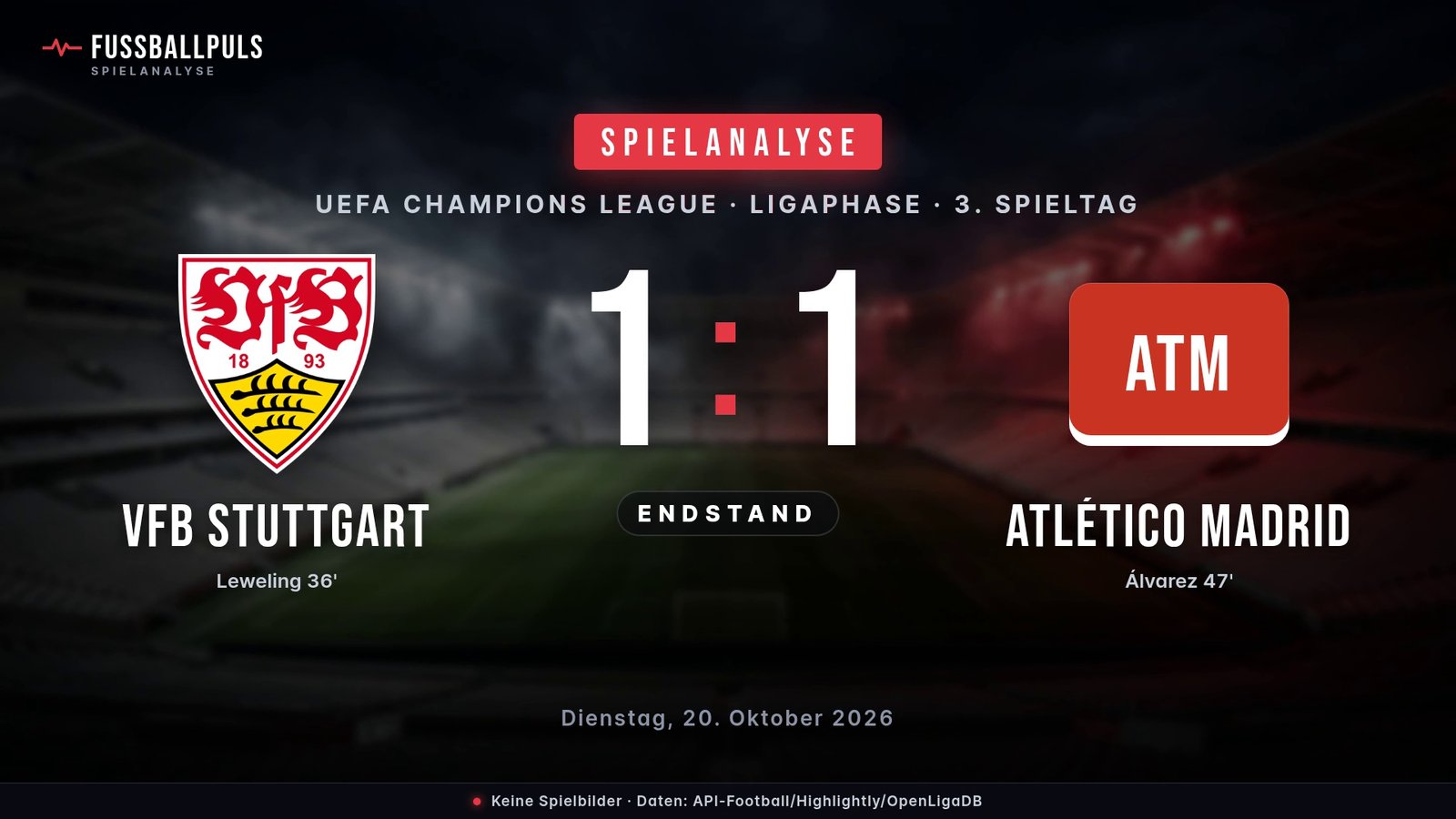Endstand VfB Stuttgart 1:1 Atlético Madrid – Ergebnisgrafik